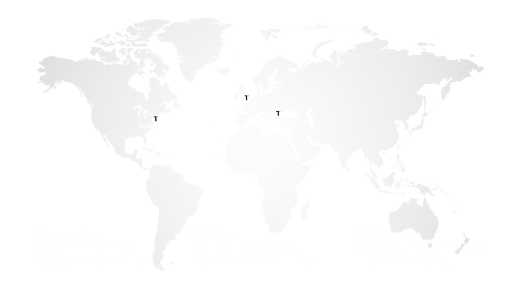 World map showcasing the three offices TANDA Digital has. One in Bucharest, Romania, another in London, United Kingdom, and the third in New York, USA.